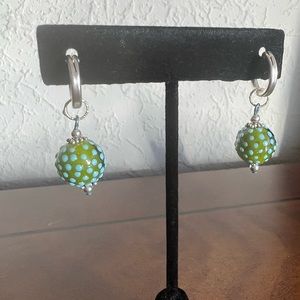 Green and blue Polka dot earrings with a sterling silver hinged earring back